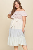 Tiered Off-shoulder Flounce Dress Featuring Stripe Details And Self Ties.