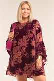 Plus Size Velvet Floral Pattern Long Angel Sleeve Round Neck Relaxed Fit Mini Dress