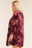 Plus Size Velvet Floral Pattern Long Angel Sleeve Round Neck Relaxed Fit Mini Dress