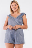 Plus Glimmering Ice Blue Sleeveless Bateau Neck Pleated Wrap Detail Fitted Romper