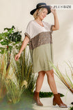 Linen Blend Short Folded Sleeve Animal Print Colorblocked V-neck Dress With Pockets