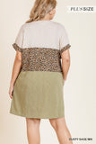 Linen Blend Short Folded Sleeve Animal Print Colorblocked V-neck Dress With Pockets