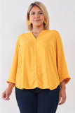 Plus Size Tuscan Sun Yellow V-neck Midi Sleeve Pleated Back Detail Relaxed Tunic Top