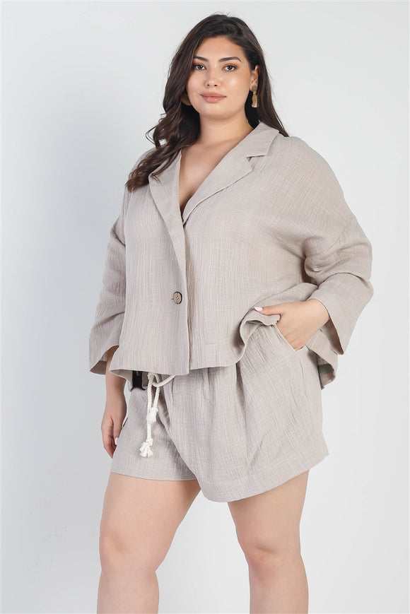 Plus Grey Button-up Collared Neck Blazer High Waist Shorts Set