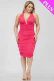 Plus Plunging Neck Crisscross Back Ruched Bodycon Mini Dress